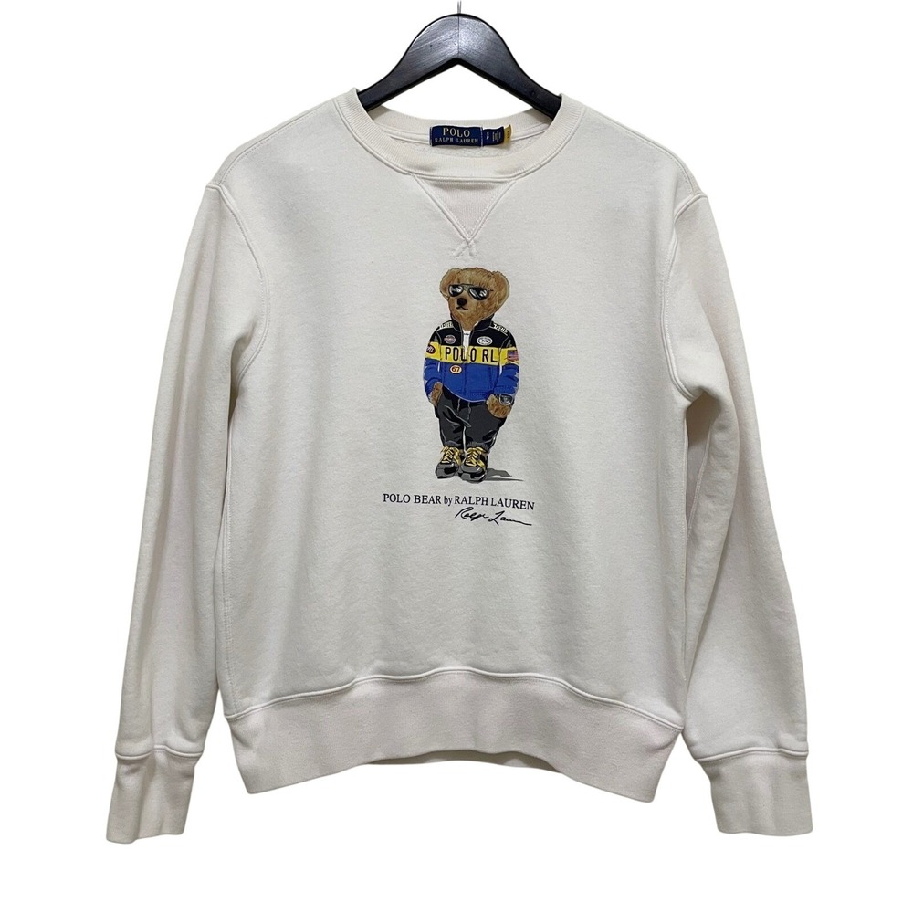 Polo Ralph Lauren Racing Bear Graphic Crewneck Sweatshirt Small White Preppy